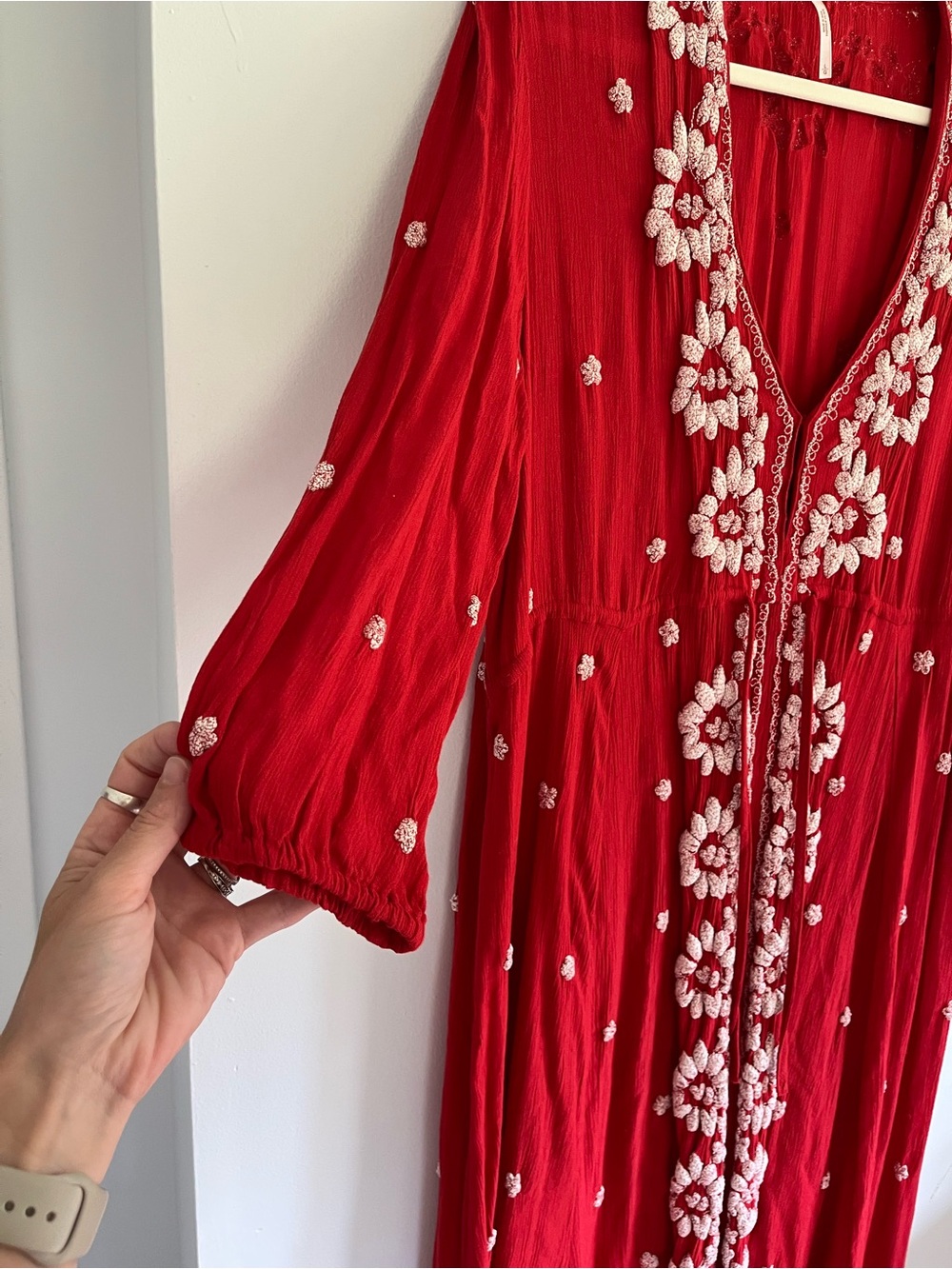 Free People Embroidered Fable Red Midi Dress Boho Flowy Hippie Lightweight Large - Picture 7 of 10